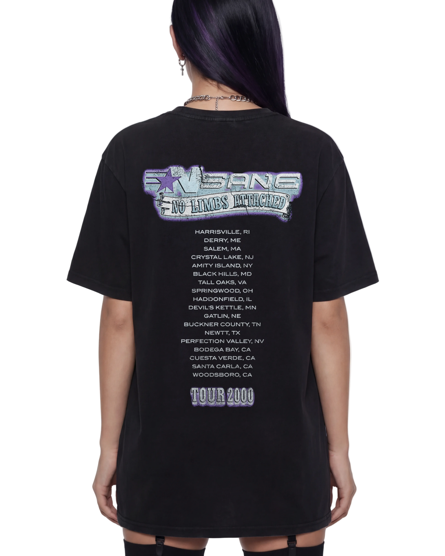 Black t-shirt with graphic design and text on the back, worn by a person.
