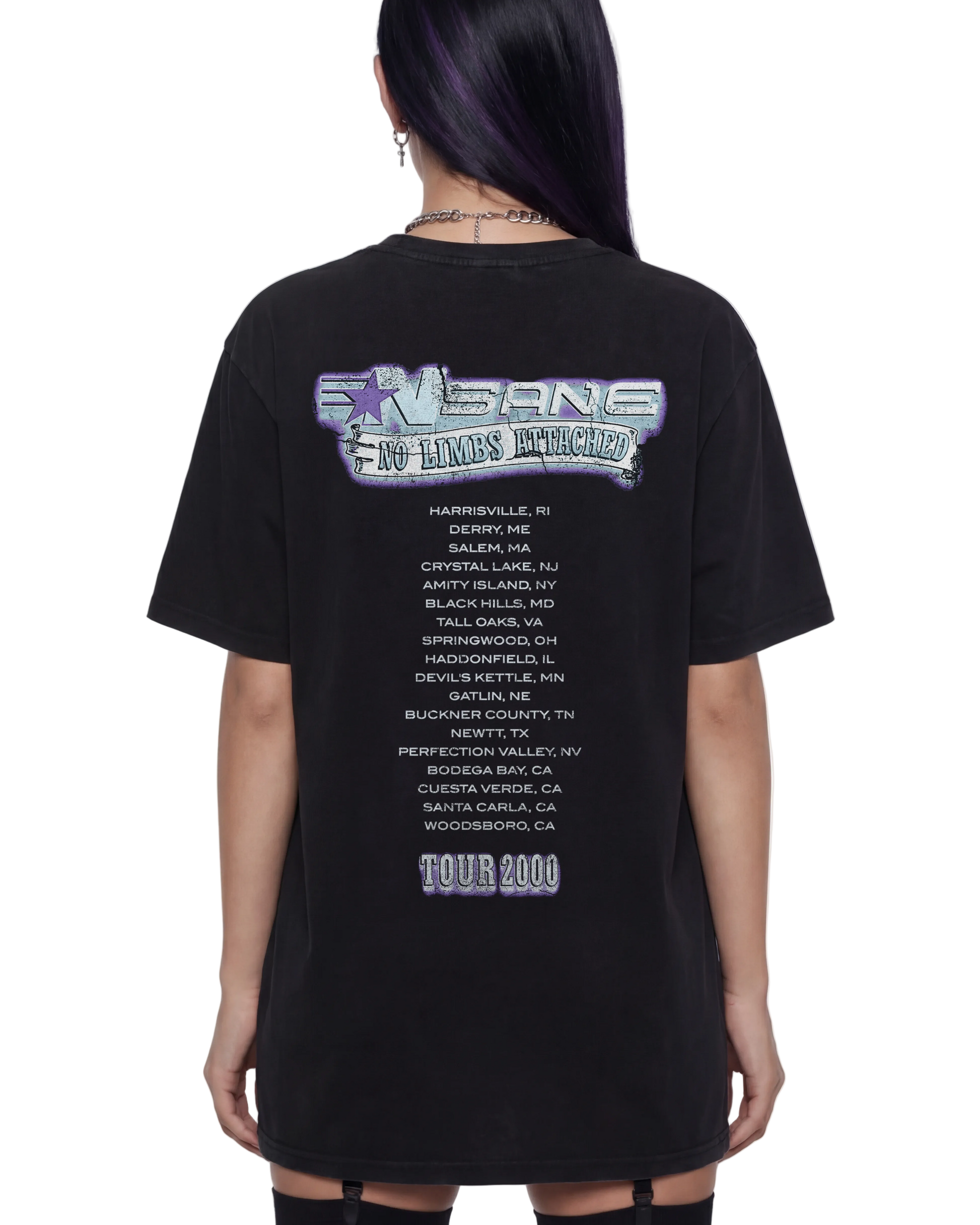 Black t-shirt with graphic design and text on the back, worn by a person.