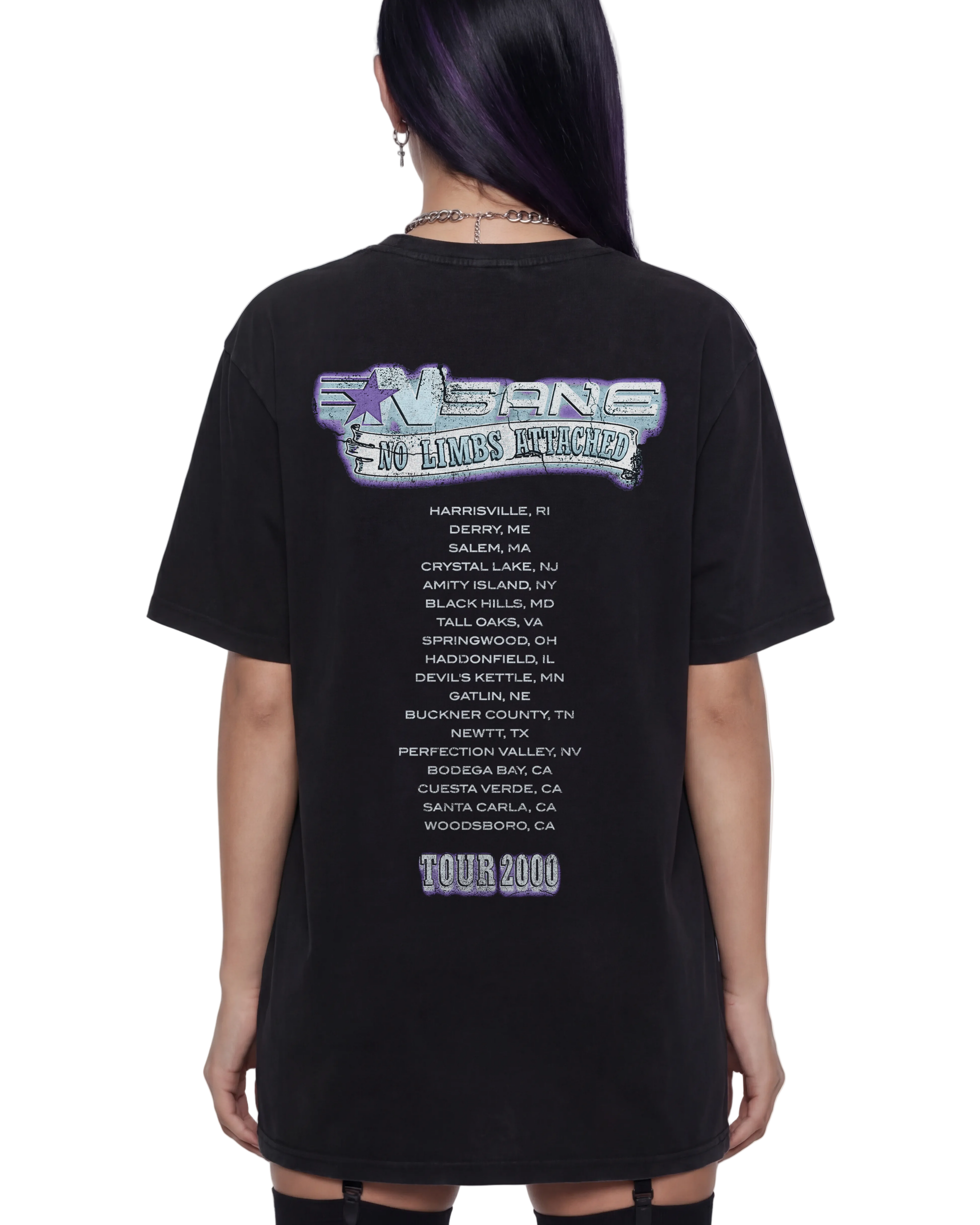 Black t-shirt with graphic design and text on the back, worn by a person.